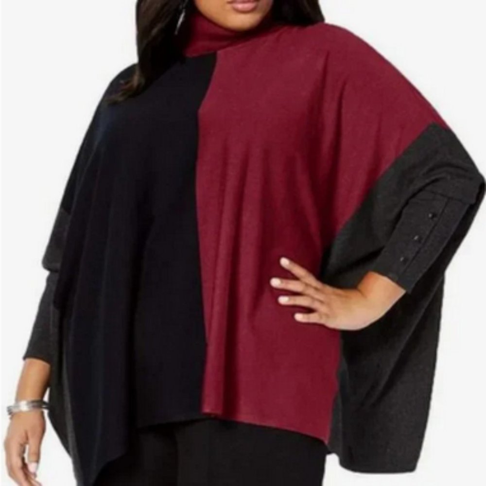 Alfani Plus Women's Turtleneck Color-block Poncho Sweater, Malbec, 3X Red